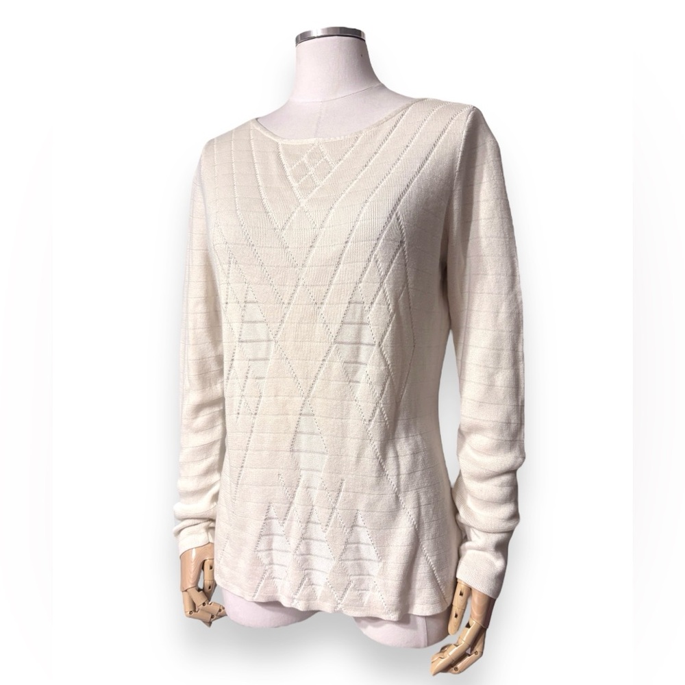 BROOKS BROTHERS Scoop Neck Argyle Dropped Stitched Patterned Sweater Ivo…